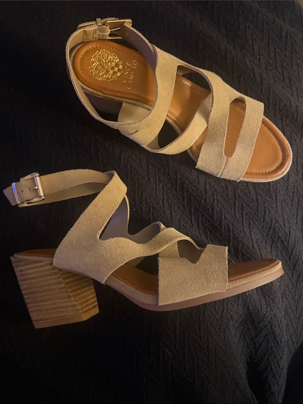Vince Camuto Taupe Suede Strappy Block Heel Sandals